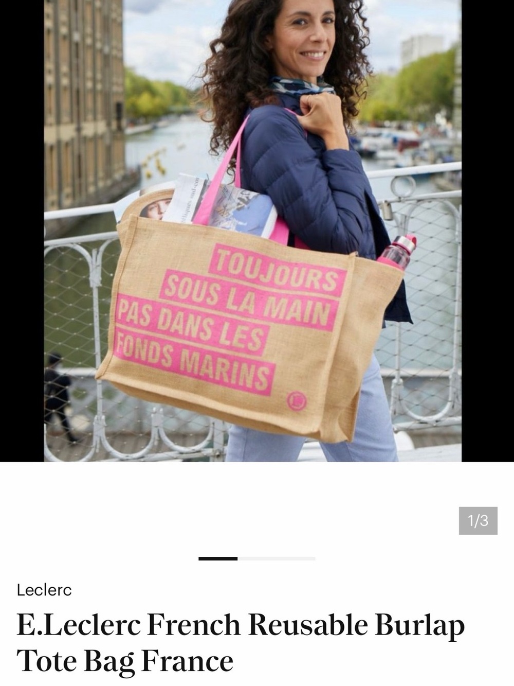 French Burlap Tote Bag with Pink Accents